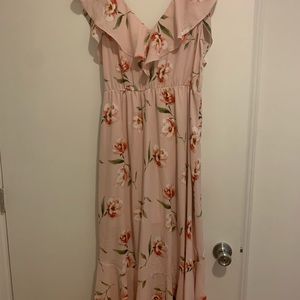Pink floral wrap dress with ruffles